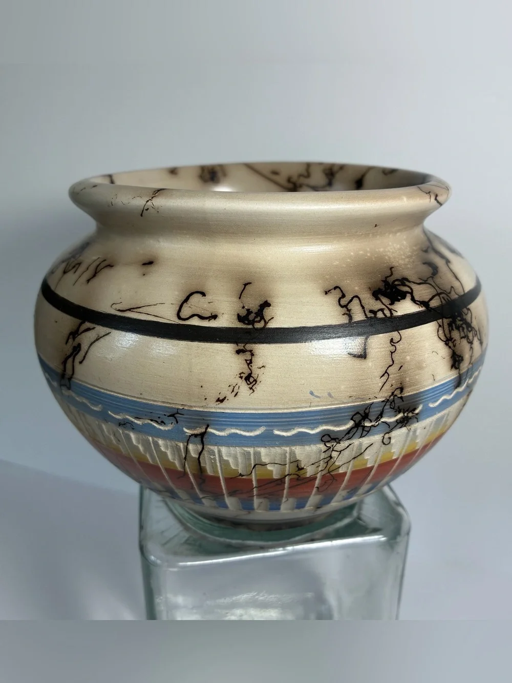 Native Navajo Etched Horse Hair Rainbow Pottery Vase Ernest John signed Sm.Chip!